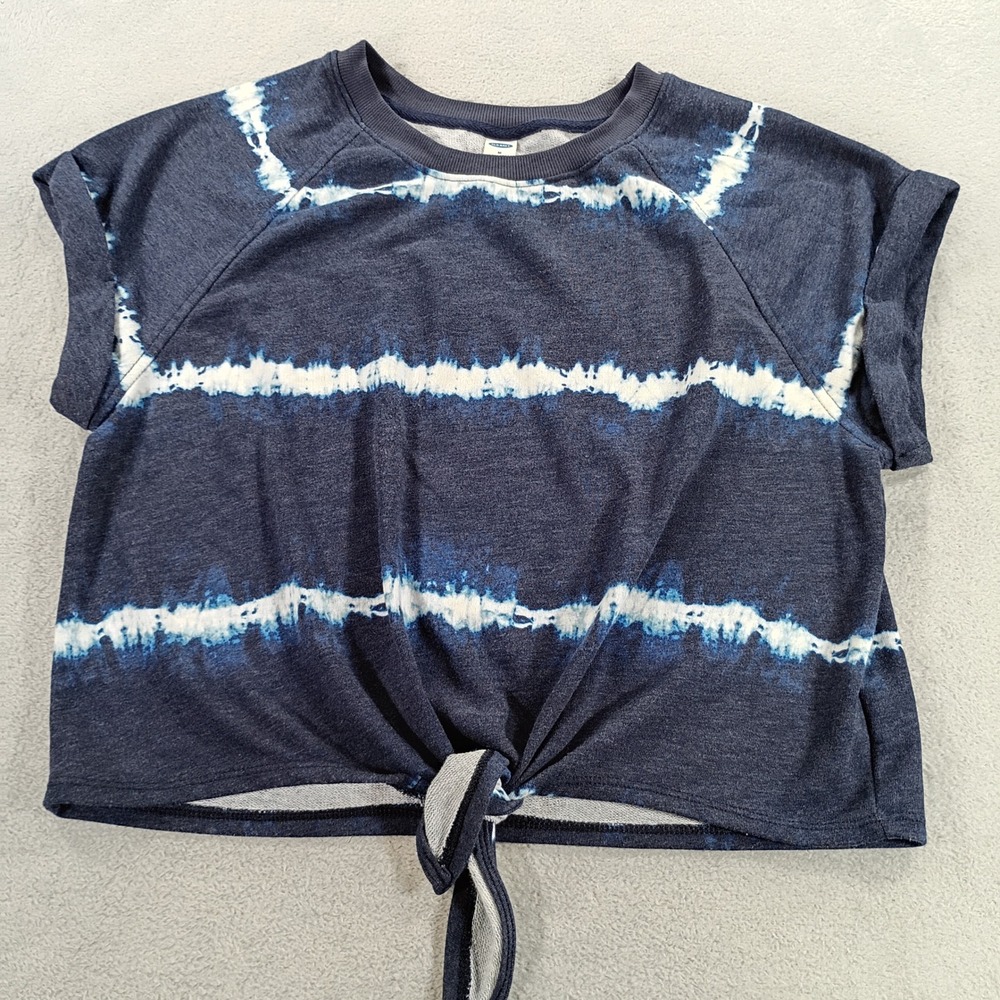 Old Navy Womens Tie Dye Sweatshirt Blue Medium Front Tie Cropped Short Sleeve